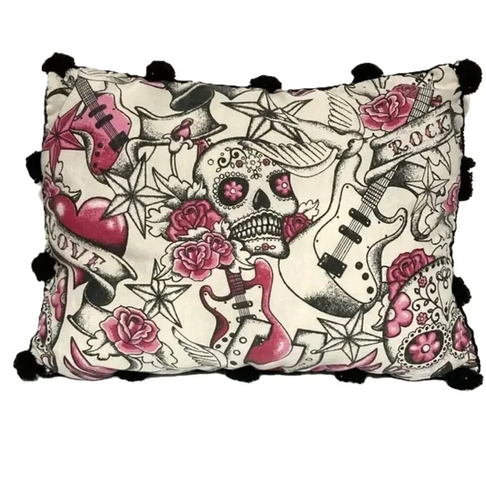 DAY of THE DEAD Rock Guitar Pink Roses Accent Throw Pillow 12 x 8 in Set of 2